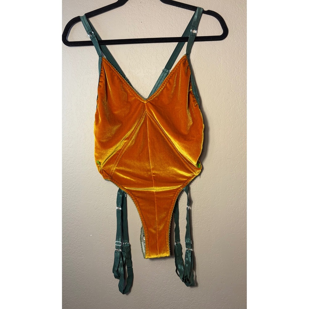 Solstice Intimates Orange Velvet Garter Bodysuit Green Straps Size Large